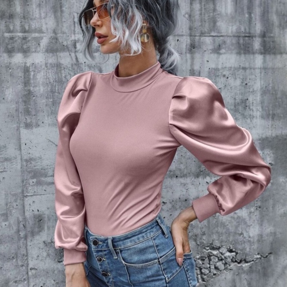 Ribbed Long Sleeve Puff Top- BLUE - Picture 7 of 13